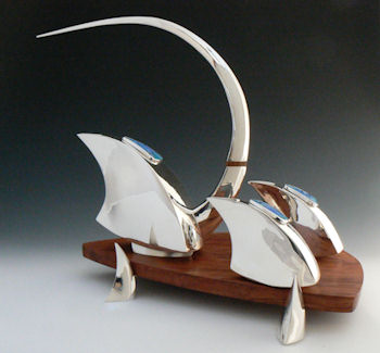 Hand wrought Sterling silver tea set, enamel lids, wood tray